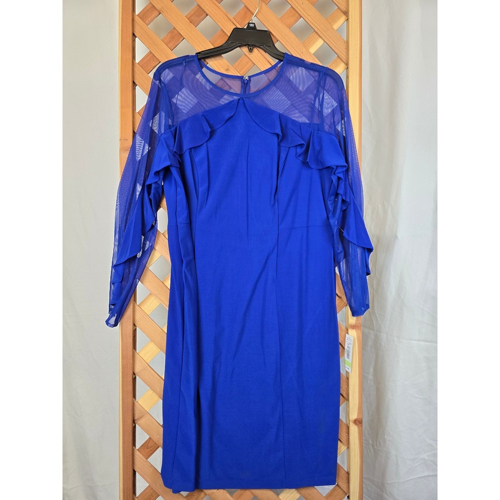 R&M Richards Sheath Dress Womens 18W Royal Blue Mesh Ruffle Sleeve -‎ NEW